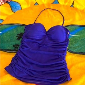 Ralph Lauren deep purple ruched swim top with gold buttons